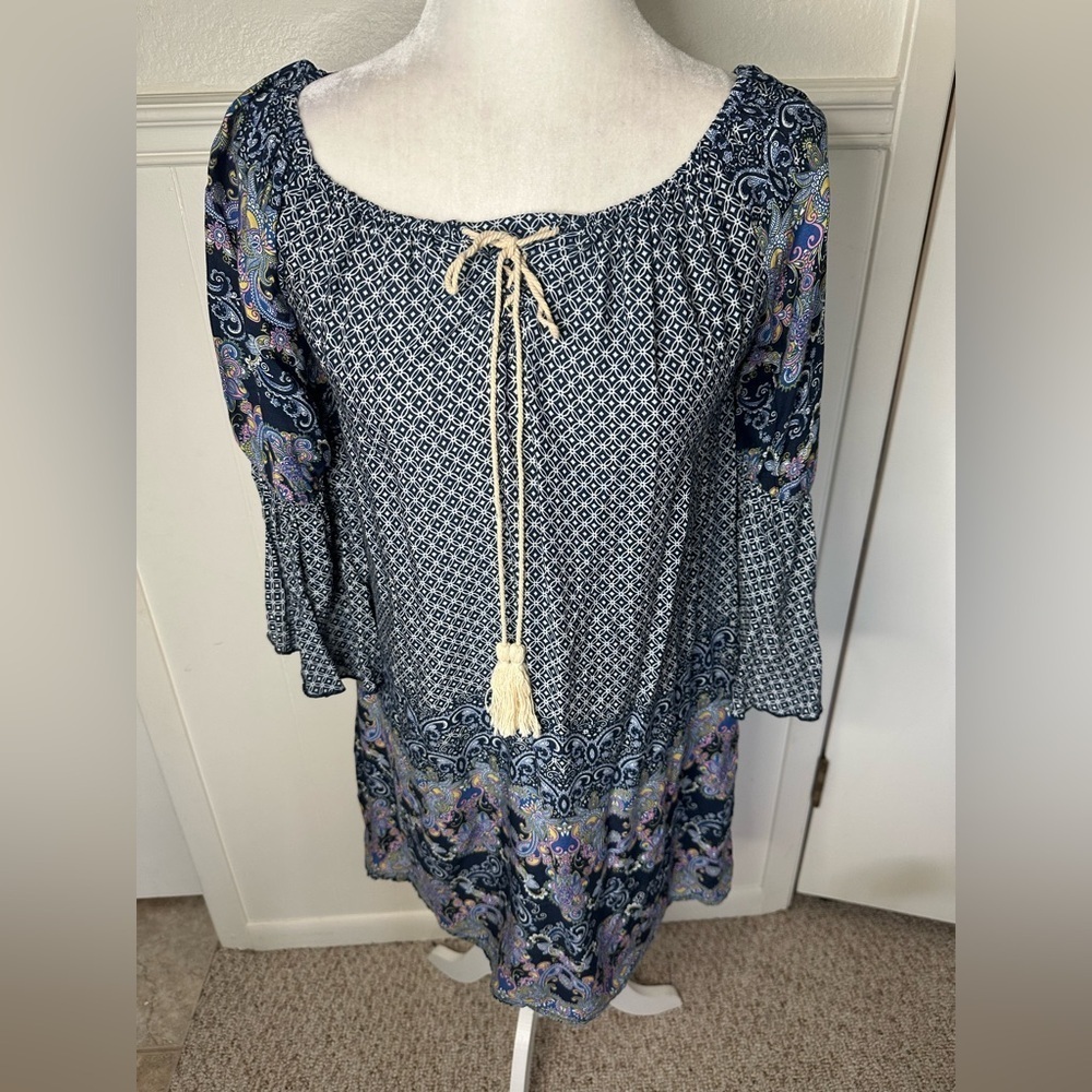 Altar'd State Blue and White Bell Sleeve Blouse with Tie Front size XS